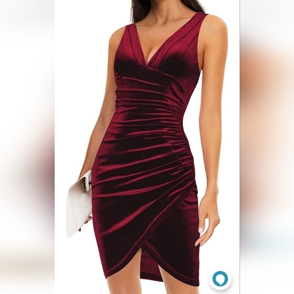 Sexy Wrap V Neck Sleeveless Velvet Bodycon Hide Tummy Ruched Mini Dress - Picture 2 of 3